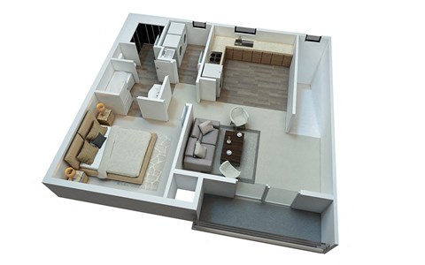 a 3d floor plan with a bedroom and a living room